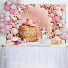 Lofaris Pink Cowgirl Floral Baby Shower Backdrop with Hay and Boots Elegant Western Party Background for Girls Photoshoot Decor