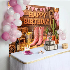 Lofaris Pink Cowgirl Happy Birthday Backdrop with Rustic Wood and Cacti Western Themed Photo Booth Background for Girls Party Decoration