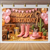 Lofaris Pink Cowgirl Happy Birthday Backdrop with Rustic Wood and Cacti Western Themed Photo Booth Background for Girls Party Decoration