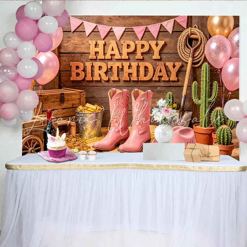 Lofaris Pink Cowgirl Happy Birthday Backdrop with Rustic Wood and Cacti Western Themed Photo Booth Background for Girls Party Decoration