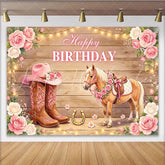 Lofaris Pink Cowgirl Horse Happy Birthday Backdrop with Floral Boots and Hat Rustic Wooden Background for Girls Party Photography