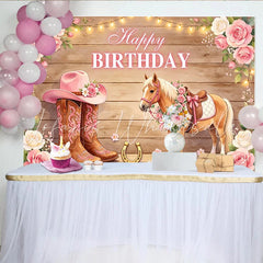 Lofaris Pink Cowgirl Horse Happy Birthday Backdrop with Floral Boots and Hat Rustic Wooden Background for Girls Party Photography