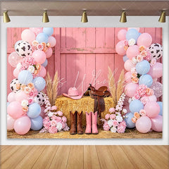 Lofaris Pink Cowgirl Rodeo Birthday Backdrop with Balloons Flowers and Hay Bale Western Theme Photography Background for Party Decor.