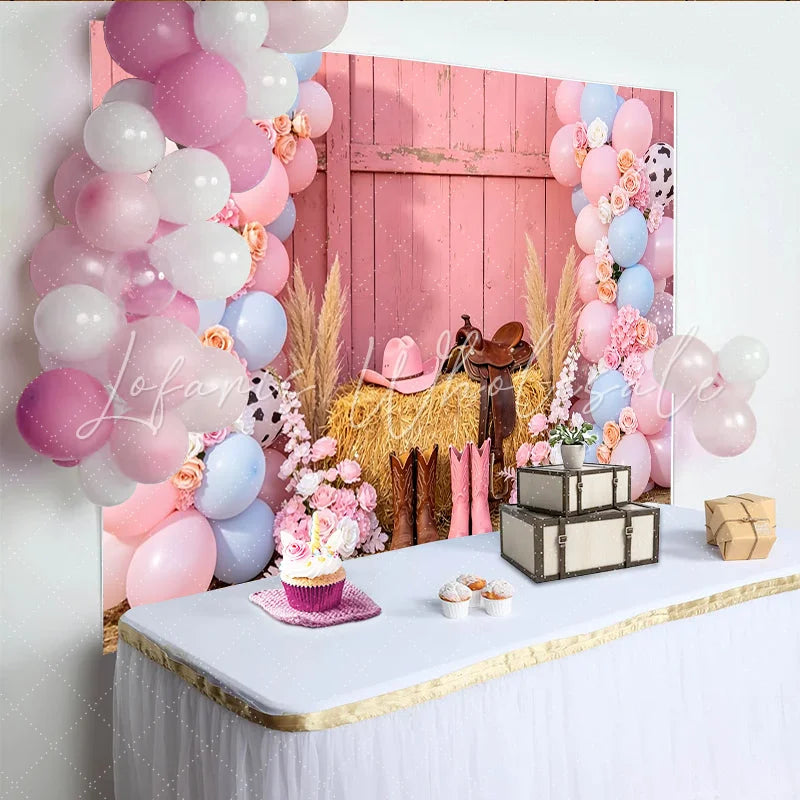 Lofaris Pink Cowgirl Rodeo Birthday Backdrop with Balloons Flowers and Hay Bale Western Theme Photography Background for Party Decor.