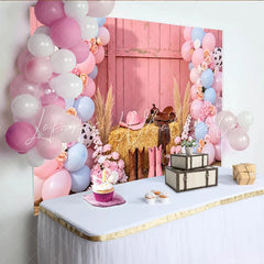 Lofaris Pink Cowgirl Rodeo Birthday Backdrop with Balloons Flowers and Hay Bale Western Theme Photography Background for Party Decor.