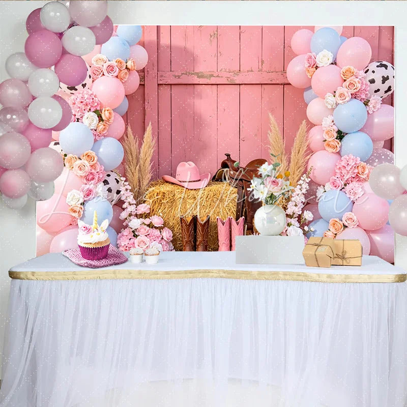 Lofaris Pink Cowgirl Rodeo Birthday Backdrop with Balloons Flowers and Hay Bale Western Theme Photography Background for Party Decor.