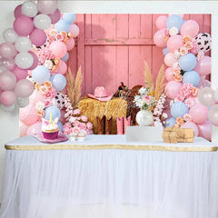 Lofaris Pink Cowgirl Rodeo Birthday Backdrop with Balloons Flowers and Hay Bale Western Theme Photography Background for Party Decor.