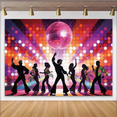 Lofaris Pink Disco Ball Dance Backdrop with Colorful Bokeh Lights and Dancing Silhouettes Retro Party Background for Event Decor.