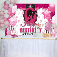 Lofaris Pink Doll Silhouette Birthday Backdrop Black and White Stripes with Glitter Glam Party Decor for Girls
