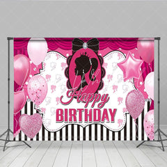 Lofaris Pink Doll Silhouette Birthday Backdrop Black and White Stripes with Glitter Glam Party Decor for Girls