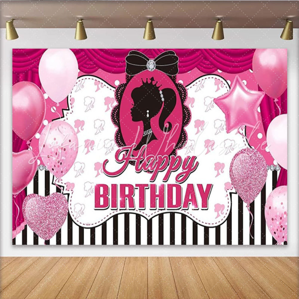 Lofaris Pink Doll Silhouette Birthday Backdrop Black and White Stripes with Glitter Glam Party Decor for Girls