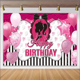 Lofaris Pink Doll Silhouette Birthday Backdrop Black and White Stripes with Glitter Glam Party Decor for Girls