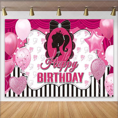 Lofaris Pink Doll Silhouette Birthday Backdrop Black and White Stripes with Glitter Glam Party Decor for Girls