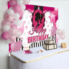 Lofaris Pink Doll Silhouette Birthday Backdrop Black and White Stripes with Glitter Glam Party Decor for Girls