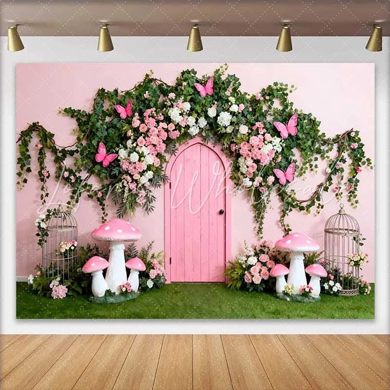 Lofaris Pink Door and Butterfly Floral Arch Spring Backdrop Enchanted Mushroom Girl Birthday Party Background