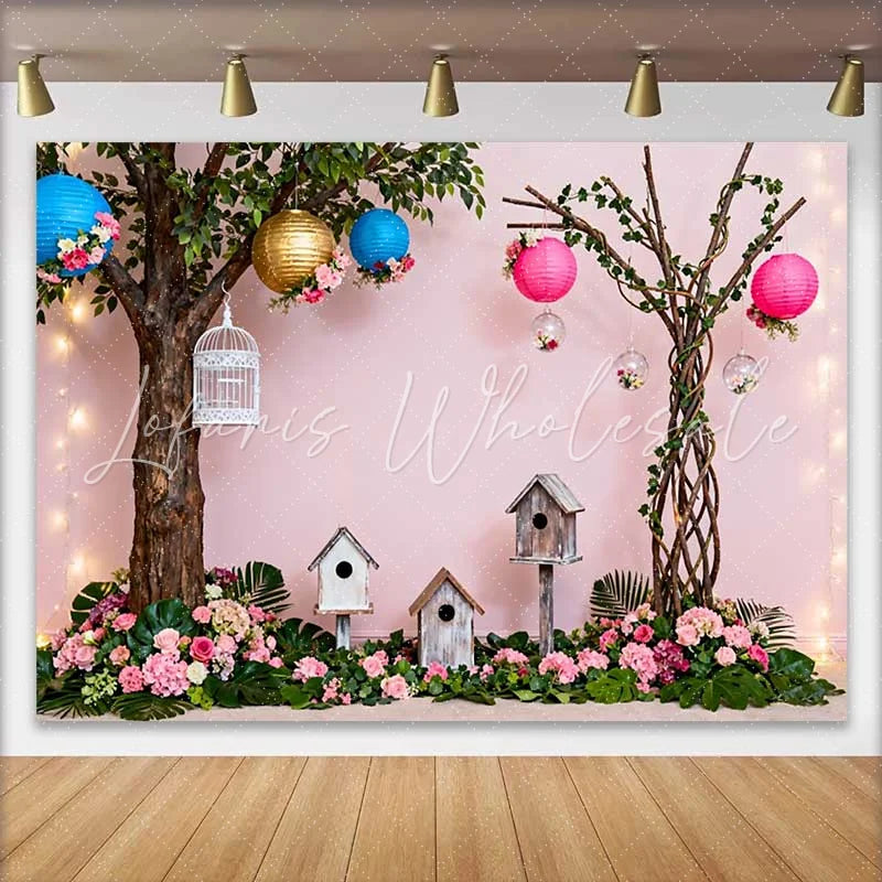 Lofaris Pink Enchanted Garden Spring Backdrop with Lush Flowers Birdhouses and Lanterns for Baby Shower