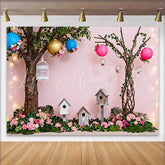 Lofaris Pink Enchanted Garden Spring Backdrop with Lush Flowers Birdhouses and Lanterns for Baby Shower