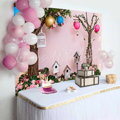 Lofaris Pink Enchanted Garden Spring Backdrop with Lush Flowers Birdhouses and Lanterns for Baby Shower