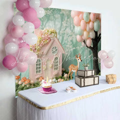 Lofaris Pink Fairy House and Deer Birthday Cake Smash Backdrop Pastel Balloons Woodland Party Decor