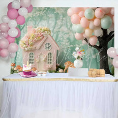 Lofaris Pink Fairy House and Deer Birthday Cake Smash Backdrop Pastel Balloons Woodland Party Decor