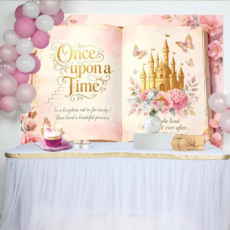 Lofaris Pink Fairy Tale Storybook Photography Backdrop with Golden Castle Magical Princess Party Background for Girls Photoshoot