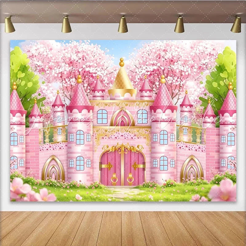 Lofaris Pink Fairytale Castle Photography Backdrop with Cherry Blossoms Dreamy Princess Party Decor for Girls Photoshoot.