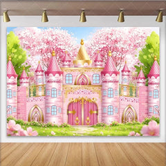 Lofaris Pink Fairytale Castle Photography Backdrop with Cherry Blossoms Dreamy Princess Party Decor for Girls Photoshoot.