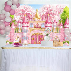 Lofaris Pink Fairytale Castle Photography Backdrop with Cherry Blossoms Dreamy Princess Party Decor for Girls Photoshoot.