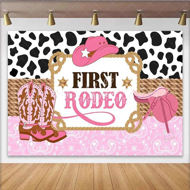 Lofaris Pink First Rodeo Birthday Backdrop with Cow Print and Cowboy Hat Western Party Photography Background for Girls