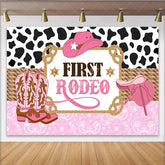 Lofaris Pink First Rodeo Birthday Backdrop with Cow Print and Cowboy Hat Western Party Photography Background for Girls