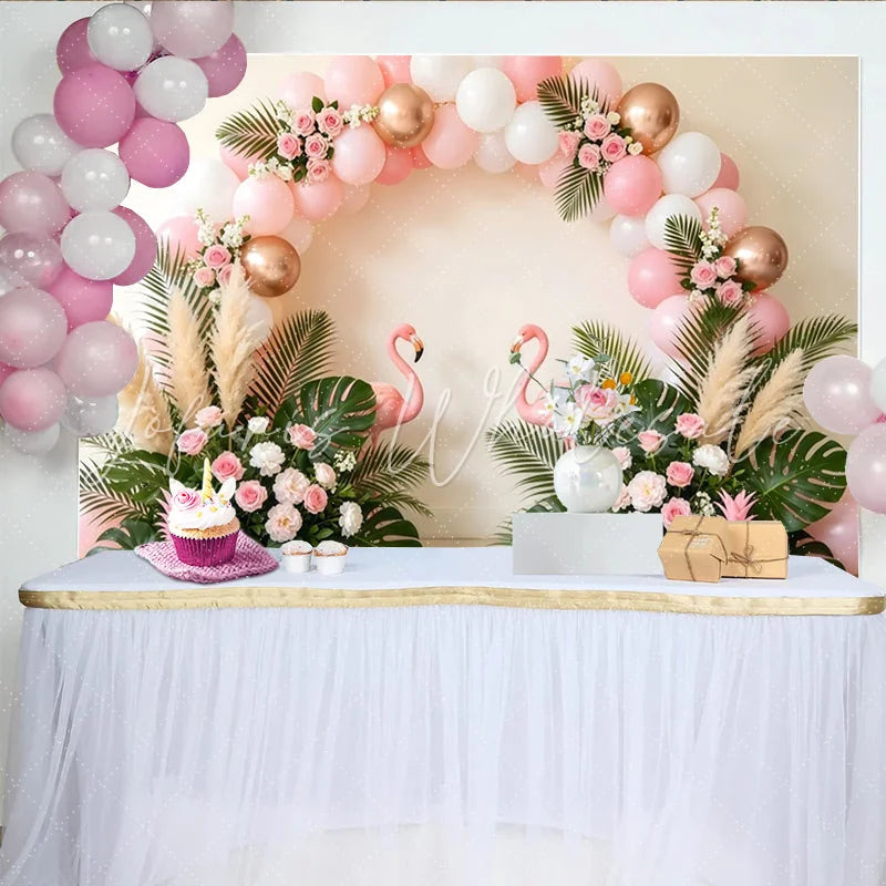 Lofaris Pink Flamingo Birthday Backdrop with Tropical Leaves and Balloons Elegant Floral Party Background for Summer Celebration Photoshoot