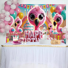 Lofaris Pink Flamingo Happy Birthday Backdrop Cute Animals Cake Photography Background