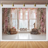 Lofaris Pink Floral 1st Birthday Backdrop with Macrame and Window Rustic Boho Photography Background for Baby Girl Photoshoot and Party