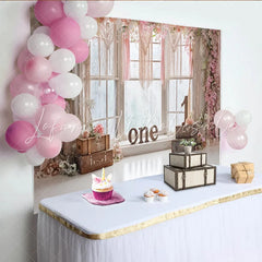 Lofaris Pink Floral 1st Birthday Backdrop with Macrame and Window Rustic Boho Photography Background for Baby Girl Photoshoot and Party