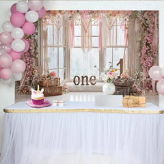 Lofaris Pink Floral 1st Birthday Backdrop with Macrame and Window Rustic Boho Photography Background for Baby Girl Photoshoot and Party