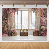 Lofaris Pink Floral 1st Birthday Backdrop with Rustic Window and Macrame Elegant Photo Booth Background for Baby Girl Party Decor