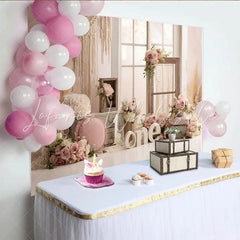 Lofaris Pink Floral 1st Birthday Backdrop with Rustic Window and Macrame Elegant Rose Gold Party Background for Baby Girl Photoshoot