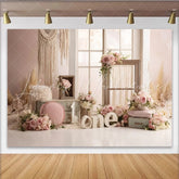 Lofaris Pink Floral 1st Birthday Backdrop with Rustic Window and Macrame Elegant Rose Gold Party Background for Baby Girl Photoshoot