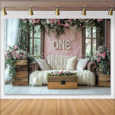 Lofaris Pink Floral 1st Birthday Backdrop with Rustic Wood and Macrame Elegant Photography Background for Baby Girl Cake Smash Party