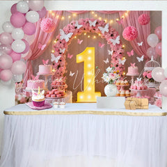 Lofaris Pink Floral Arch and Butterfly 1st Birthday Party Backdrop Baby Girl Celebration Dessert Table Decor