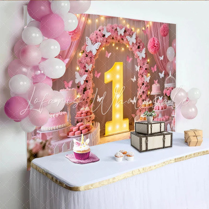 Lofaris Pink Floral Arch and Butterfly 1st Birthday Party Backdrop Baby Girl Celebration Dessert Table Decor