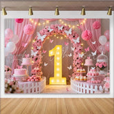 Lofaris Pink Floral Arch and Butterfly 1st Birthday Party Backdrop Baby Girl Celebration Dessert Table Decor