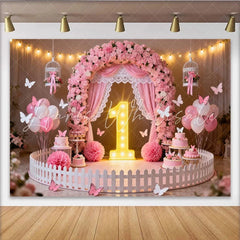 Lofaris Pink Floral Arch and Butterfly First Birthday Party Backdrop Baby Girl 1st Birthday Celebration Decor