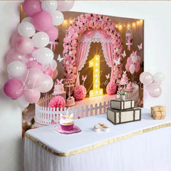 Lofaris Pink Floral Arch and Butterfly First Birthday Party Backdrop Baby Girl 1st Birthday Celebration Decor