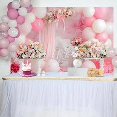 Lofaris Pink Floral Arch Cake Smash Backdrop White Balloons and Drapes Background Girls Birthday Party Decor