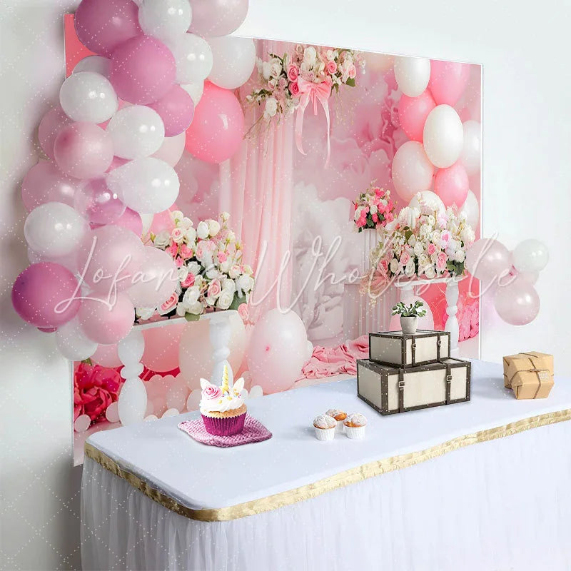Lofaris Pink Floral Arch Cake Smash Backdrop White Balloons and Drapes Background Girls Birthday Party Decor
