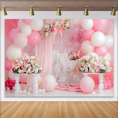 Lofaris Pink Floral Arch Cake Smash Backdrop White Balloons and Drapes Background Girls Birthday Party Decor