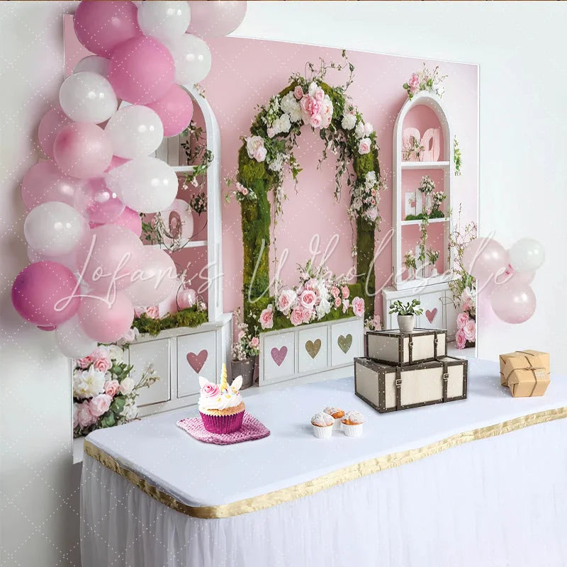 Lofaris Pink Floral Arch Photography Backdrop with Green Moss and White Roses Elegant Studio Background for Wedding Engagement