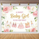 Lofaris Pink Floral Baby Girl Baby Shower Backdrop with Gold Glitter Sweet Party Decor for Photoshoot and Celebration.
