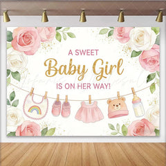 Lofaris Pink Floral Baby Girl Baby Shower Backdrop with Gold Glitter Sweet Party Decor for Photoshoot and Celebration.
